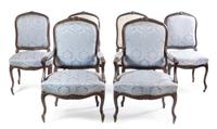 A Set of Six Upholstered Chairs. Height 37 1/4 x width 20 1/2 x depth 18 inches.