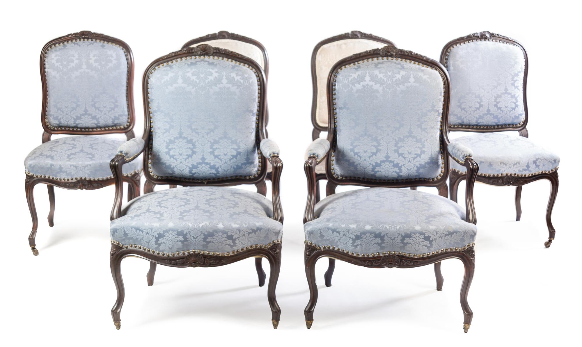 A Set of Six Upholstered Chairs. Height 37 1/4 x width 20 1/2 x depth 18 inches.