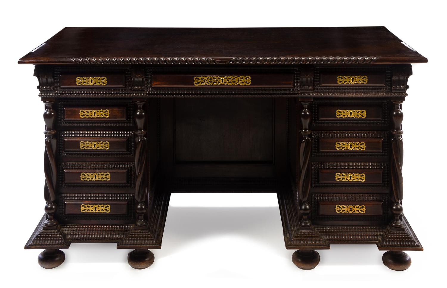A Portuguese Brass Mounted Pedestal Desk Height 31 x width 58 1/2 x depth 31 1/2 inches. — 20TH CENTURY
