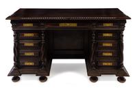 A Portuguese Brass Mounted Pedestal Desk Height 31 x width 58 1/2 x depth 31 1/2 inches. — 20TH CENTURY