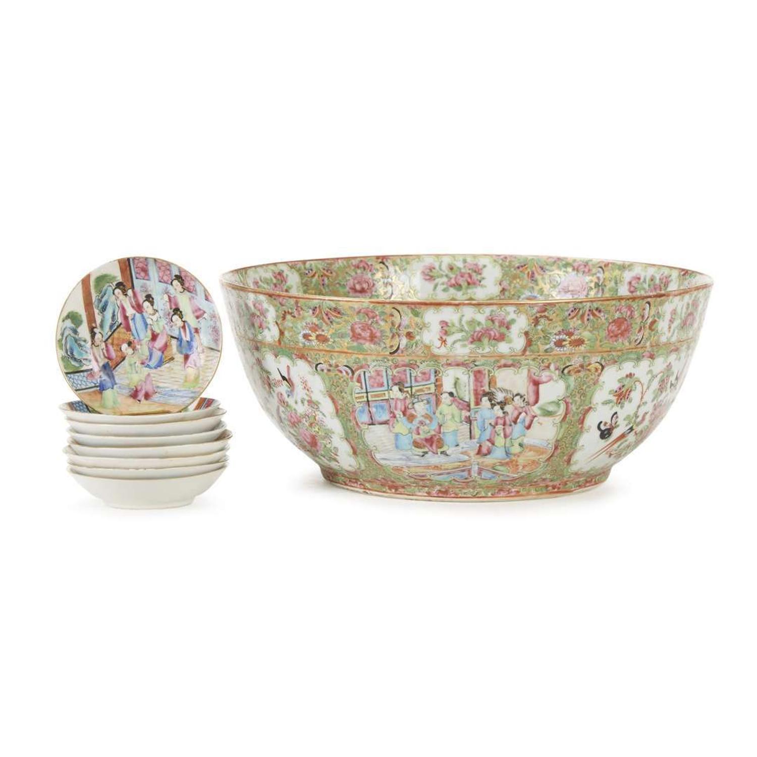 Rose Medallion porcelain punch bowl and eight saucers 19th century