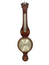 An English Mahogany Marquetry Wheel Barometer Thermometer