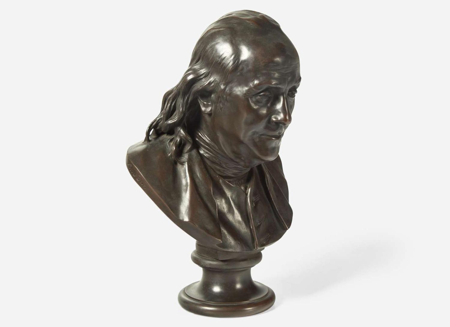 After Jean-Antoine Houdon (French, 1741-1828), Patinated bronze bust of Benjamin Franklin (1706-1790), cast by Ferdinand Barbedienne Fondeur (French, 1810-1892), Paris, France