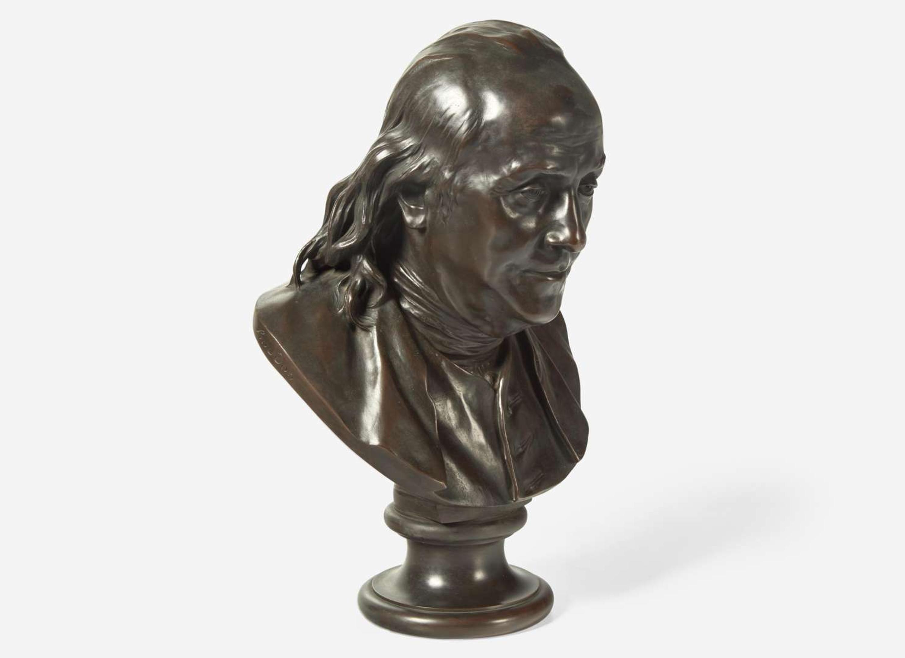 After Jean-Antoine Houdon (French, 1741-1828), Patinated bronze bust of Benjamin Franklin (1706-1790), cast by Ferdinand Barbedienne Fondeur (French, 1810-1892), Paris, France
