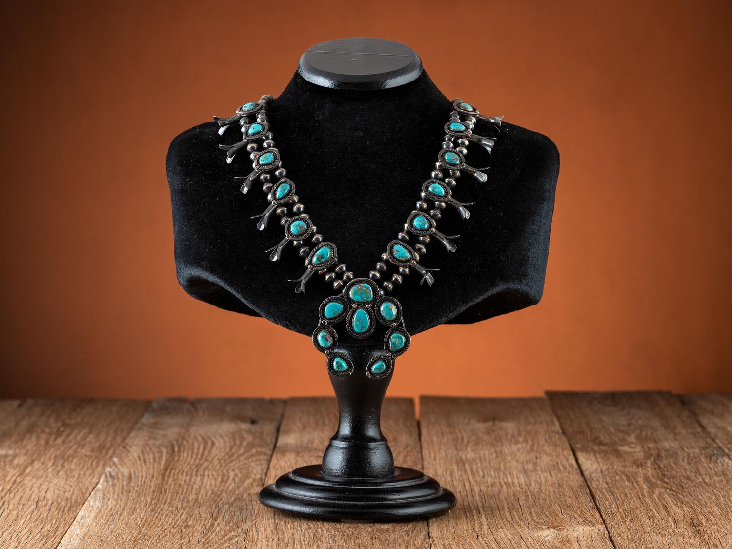 Navajo Silver and Blue Gem Turquoise Squash Blossom Necklace