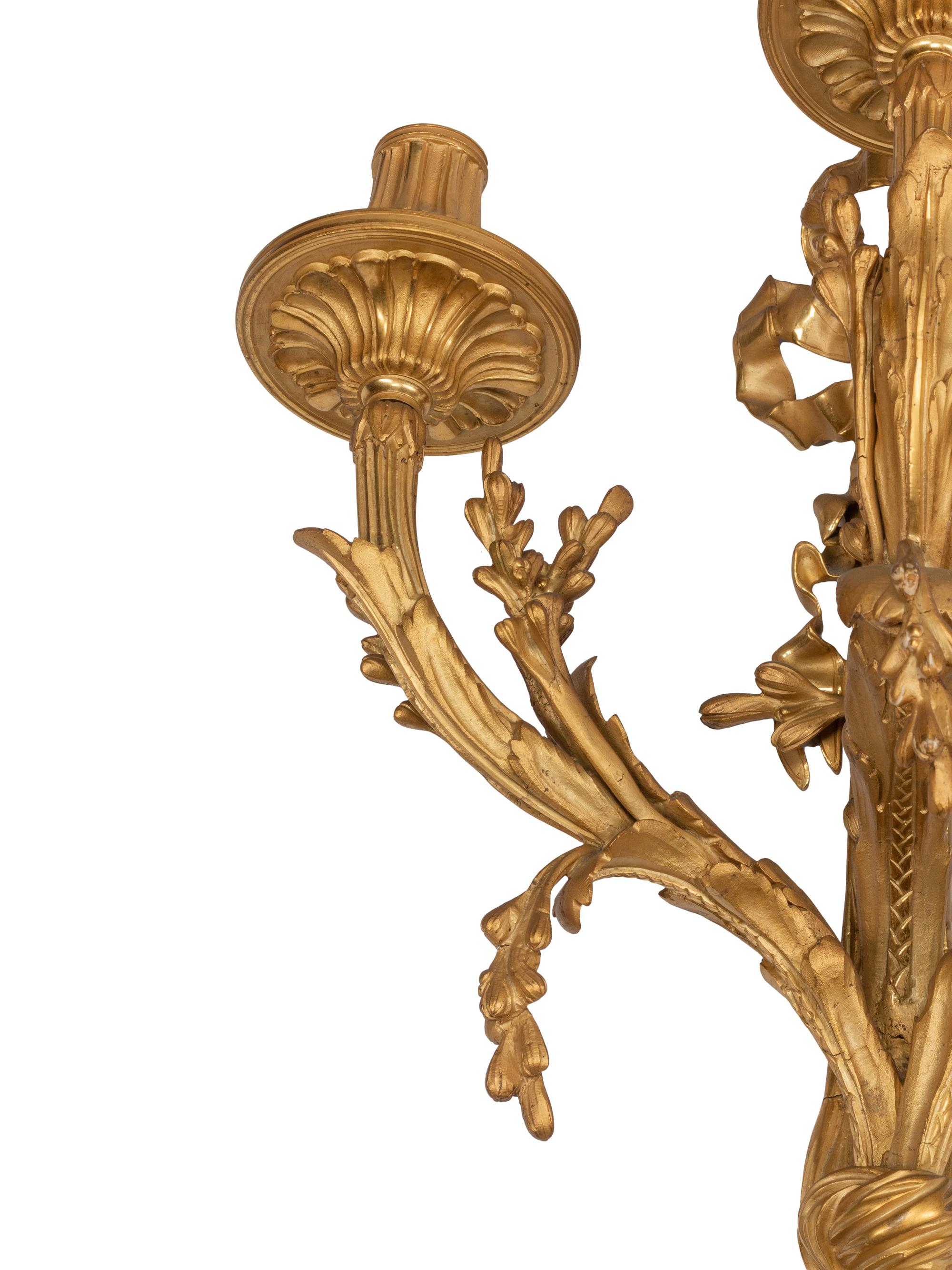 A Pair of Louis XVI Style Gilt Bronze Three-Light Sconces