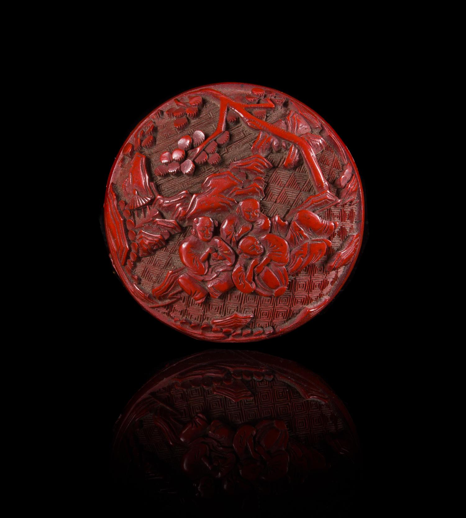 A Small Carved Red Lacquer Circular Covered Box Diameter 2 1/4 inches. — 19TH/EARLY 20TH CENTURY