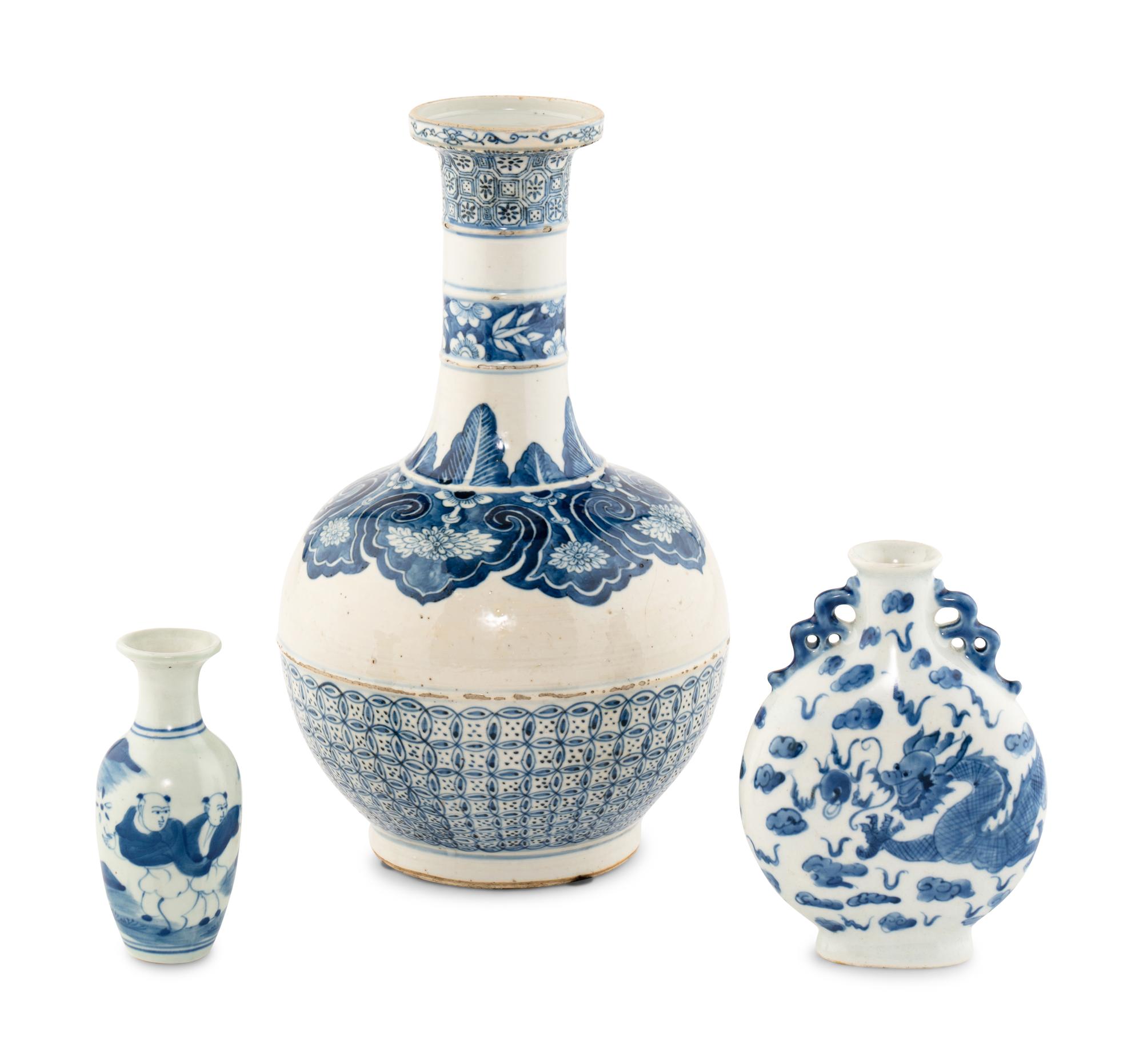 Three Chinese Blue and White Porcelain Bottles