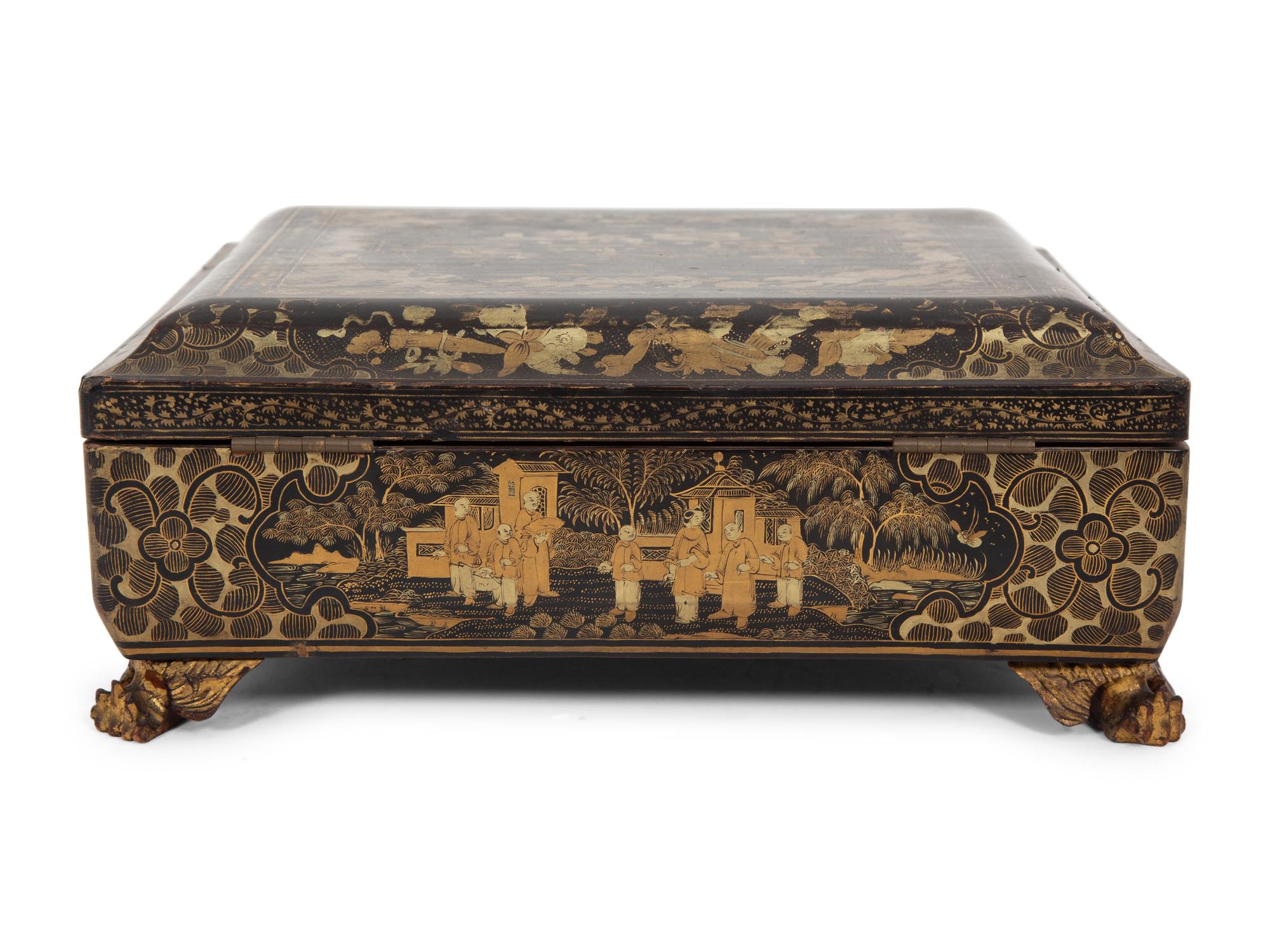 An English Chinoiserie Black and Gilt Laquer Game Box