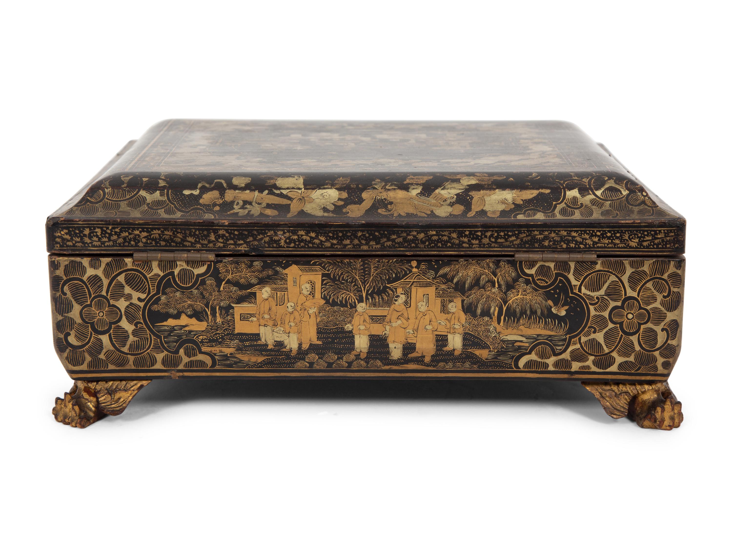 An English Chinoiserie Black and Gilt Laquer Game Box