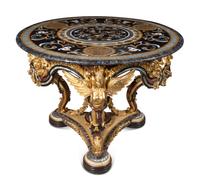 A Continental Parcel Gilt and Ebonized, Pietra Dura and Abalone Inlaid Center Table