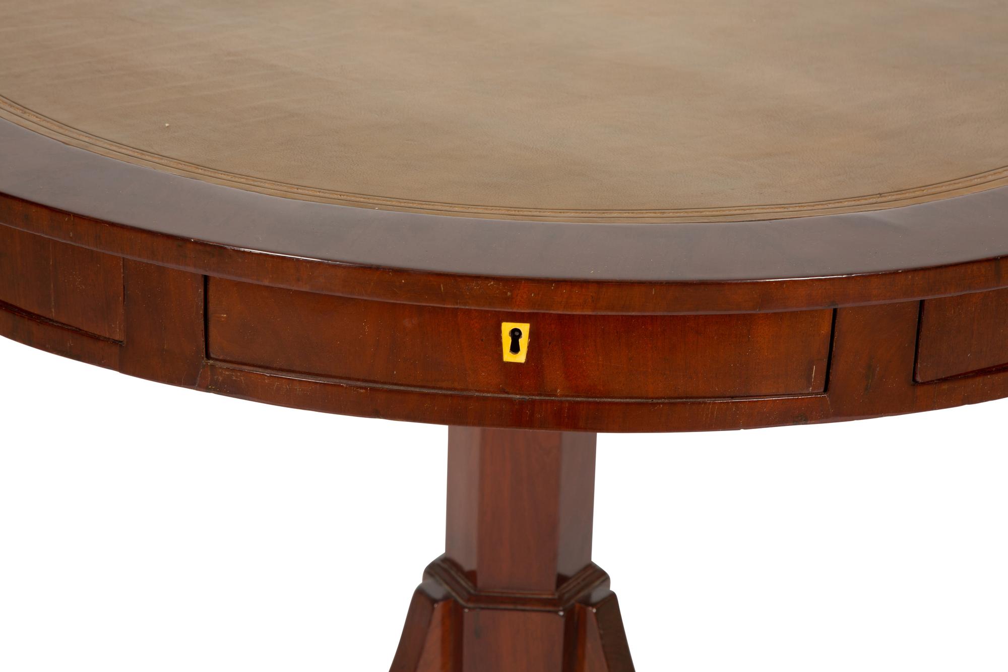 A Regency Style Mahogany Center Table with Inset Brown Leather Top — 20th Century
