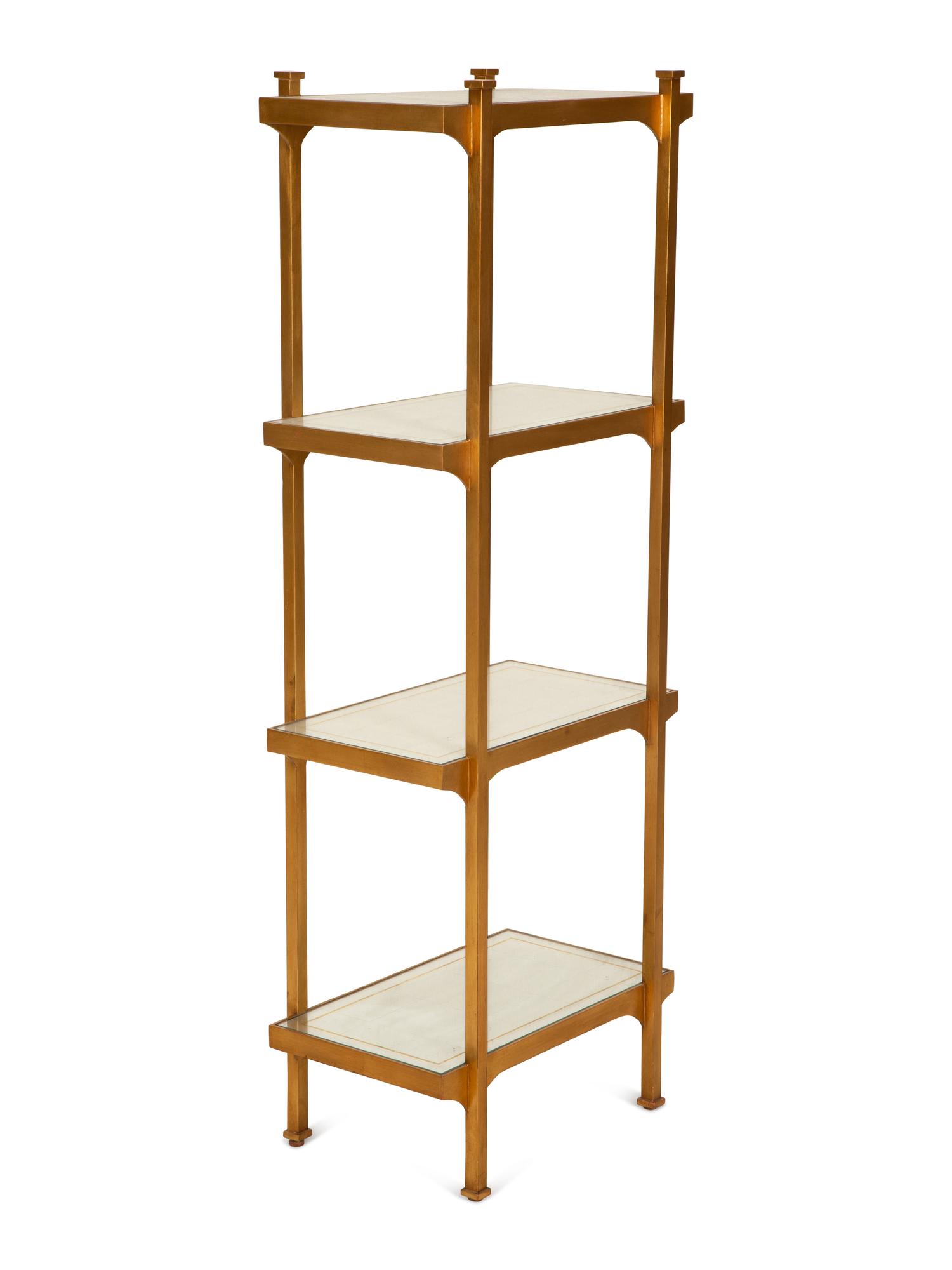 A Pair of Mid-Century Gilt Metal Etageres with Parcel Gilt Decorated Glass Shelves — Mid-20th Century