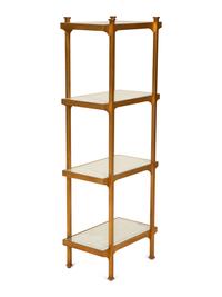 A Pair of Mid-Century Gilt Metal Etageres with Parcel Gilt Decorated Glass Shelves — Mid-20th Century