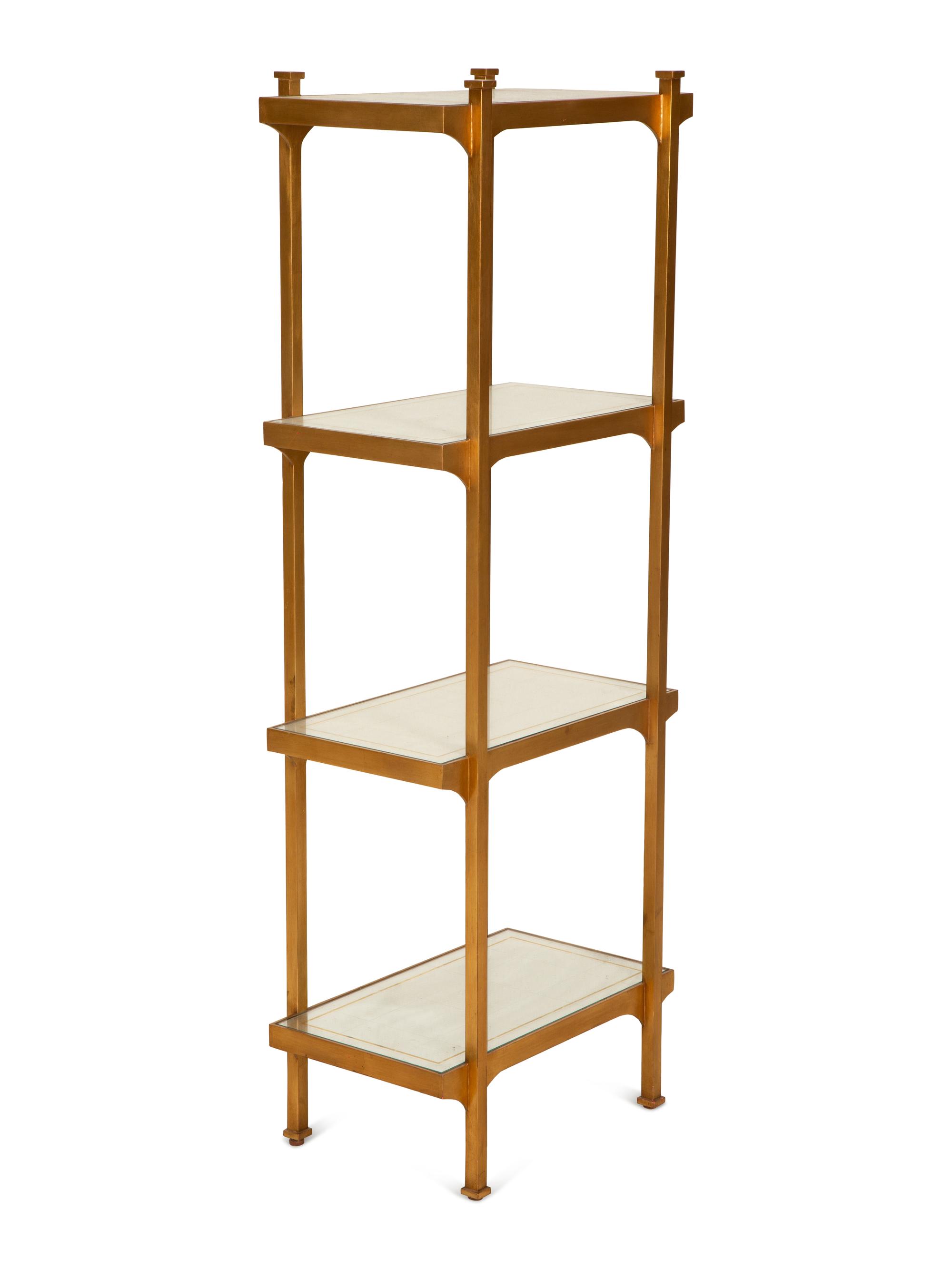 A Pair of Mid-Century Gilt Metal Etageres with Parcel Gilt Decorated Glass Shelves — Mid-20th Century