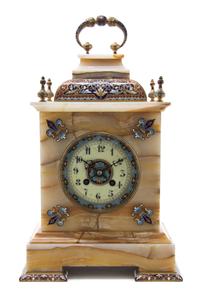 A French Champleve and Onyx Mantel Clock, Height overall 55 1/4 x height of clock 15 1/4 inches.