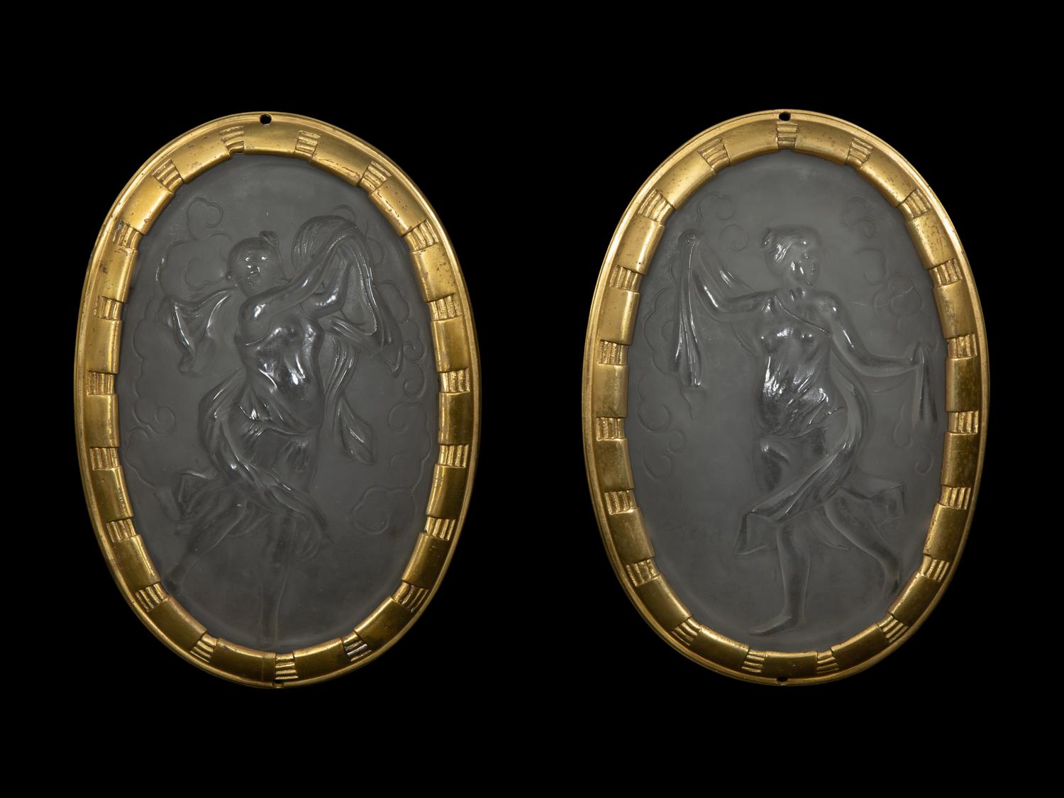 A Pair of French Molded Glass Cameo Plaques in Gilt Bronze Frames