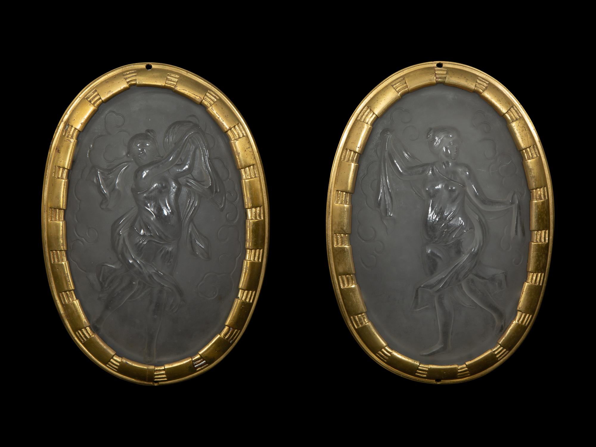 A Pair of French Molded Glass Cameo Plaques in Gilt Bronze Frames