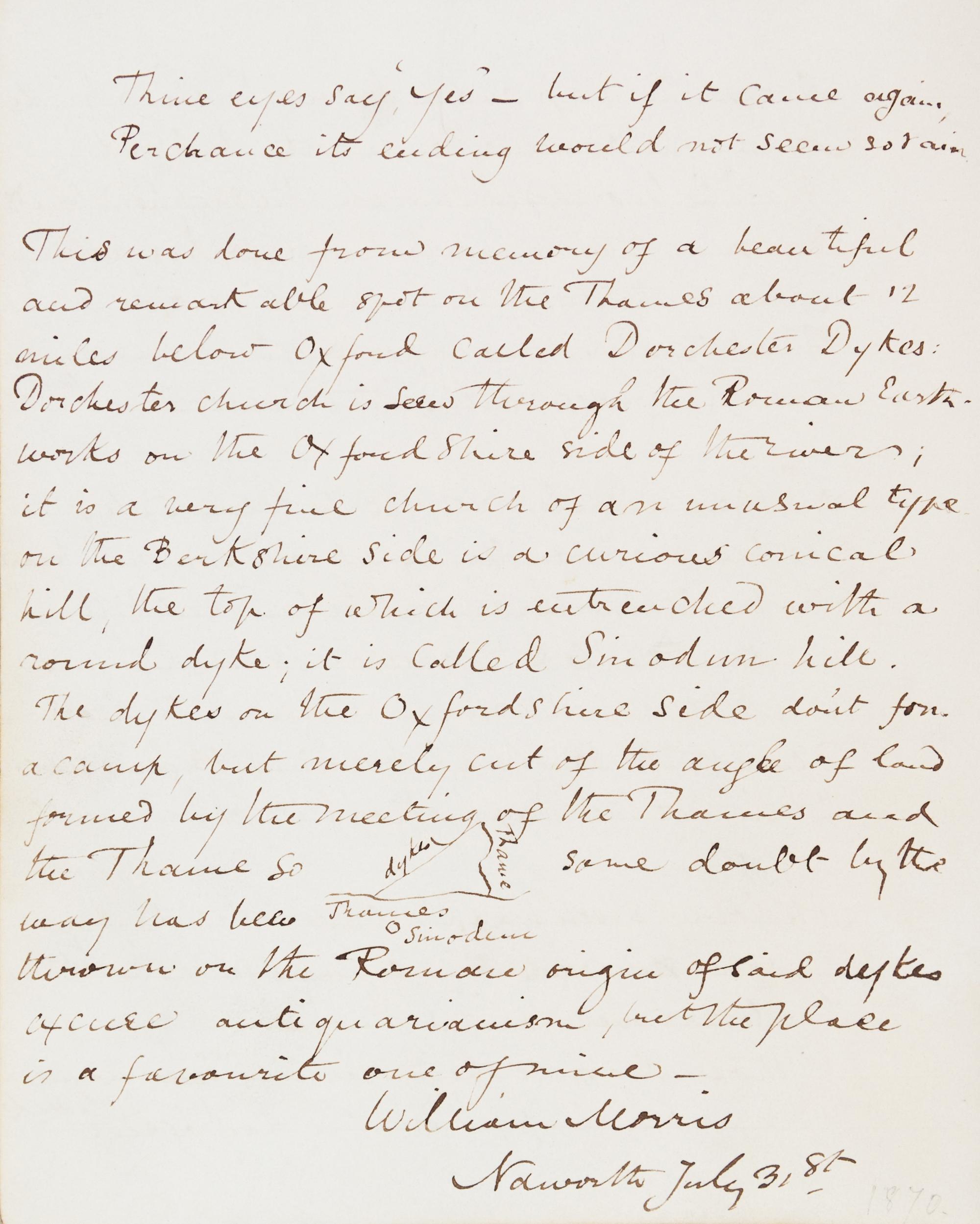MORRIS, WILLIAM. Autograph manuscript poem, untitled, with MS explanation by author, signed ("William Morris"), Naworth, n.d. [1870]