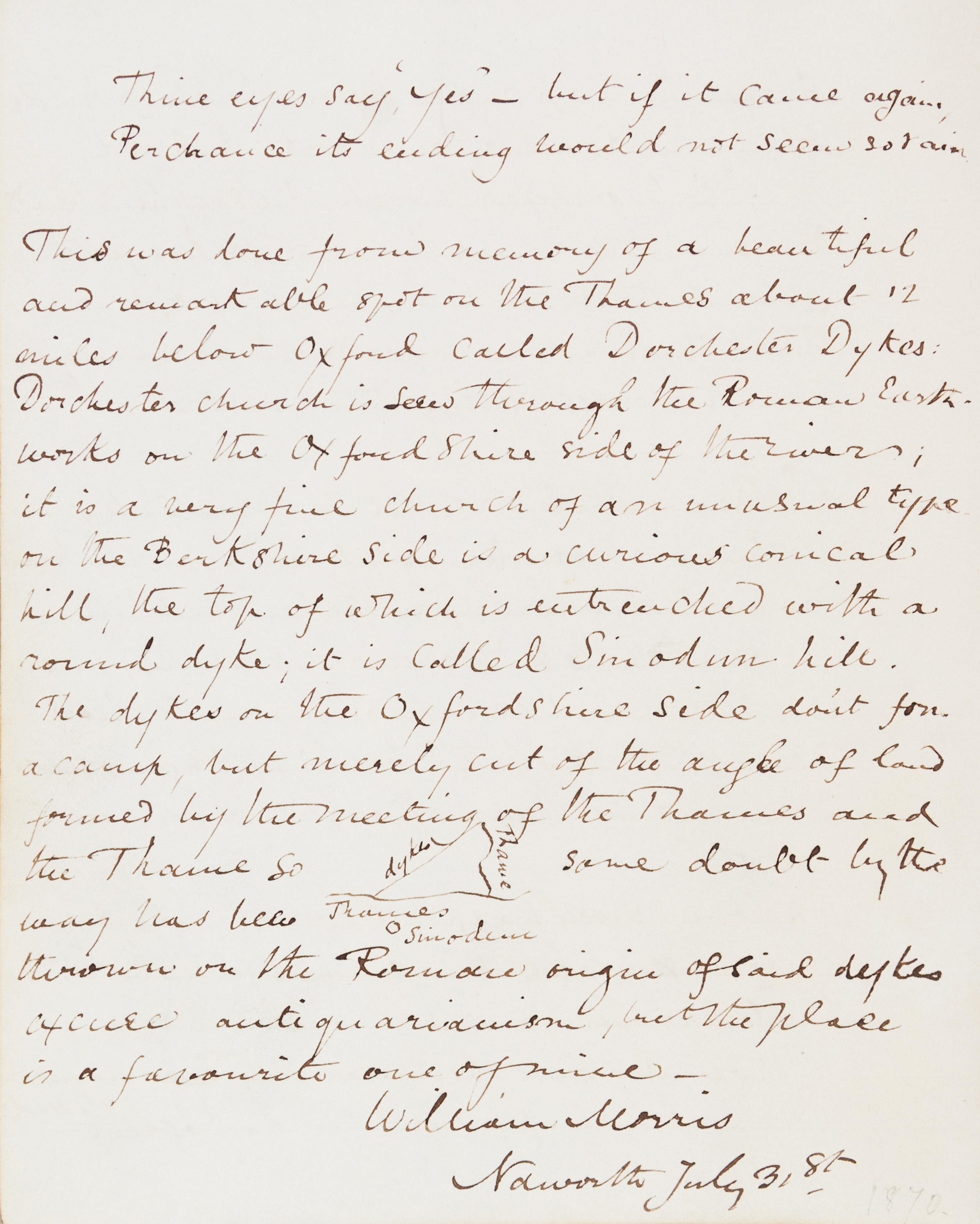 MORRIS, WILLIAM. Autograph manuscript poem, untitled, with MS explanation by author, signed ("William Morris"), Naworth, n.d. [1870]