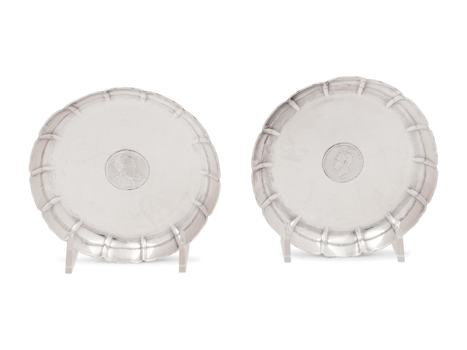 A Pair of Edwardian Silver Coin-Inset Dishes