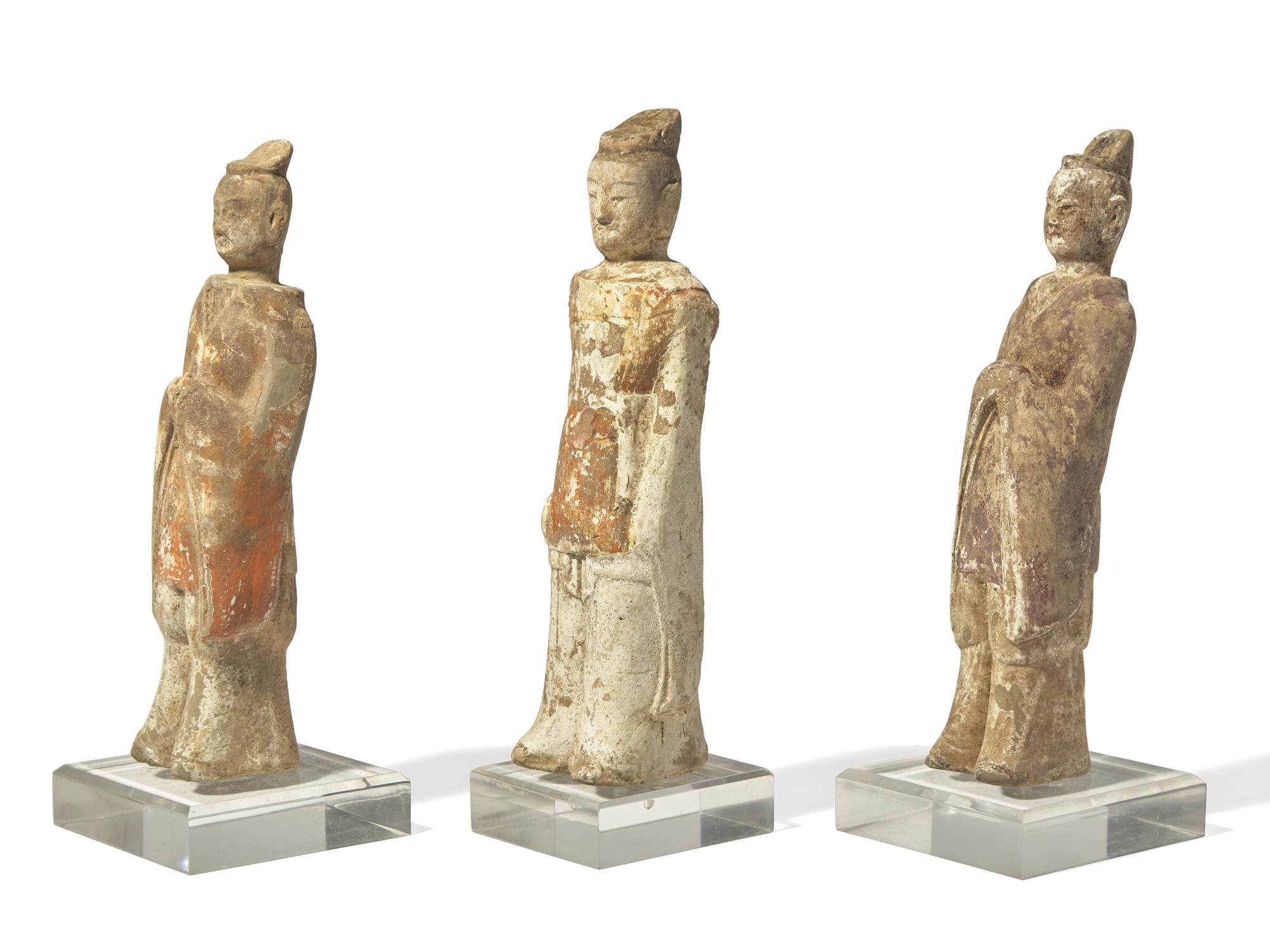 Three Chinese Painted Pottery Figures of Standing Officials