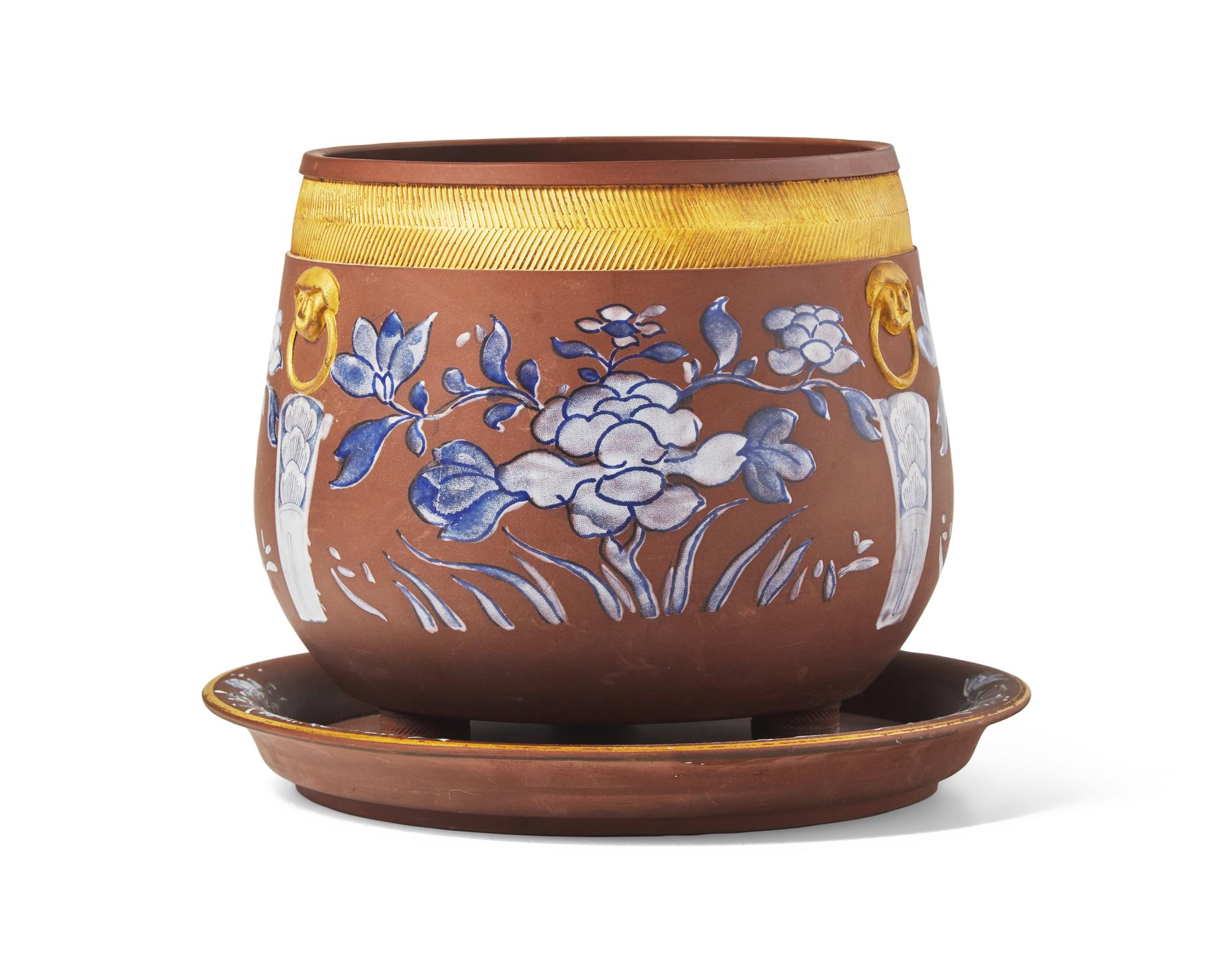 A Wedgwood Redware and Parcel-Gilt Jardinière and Liner