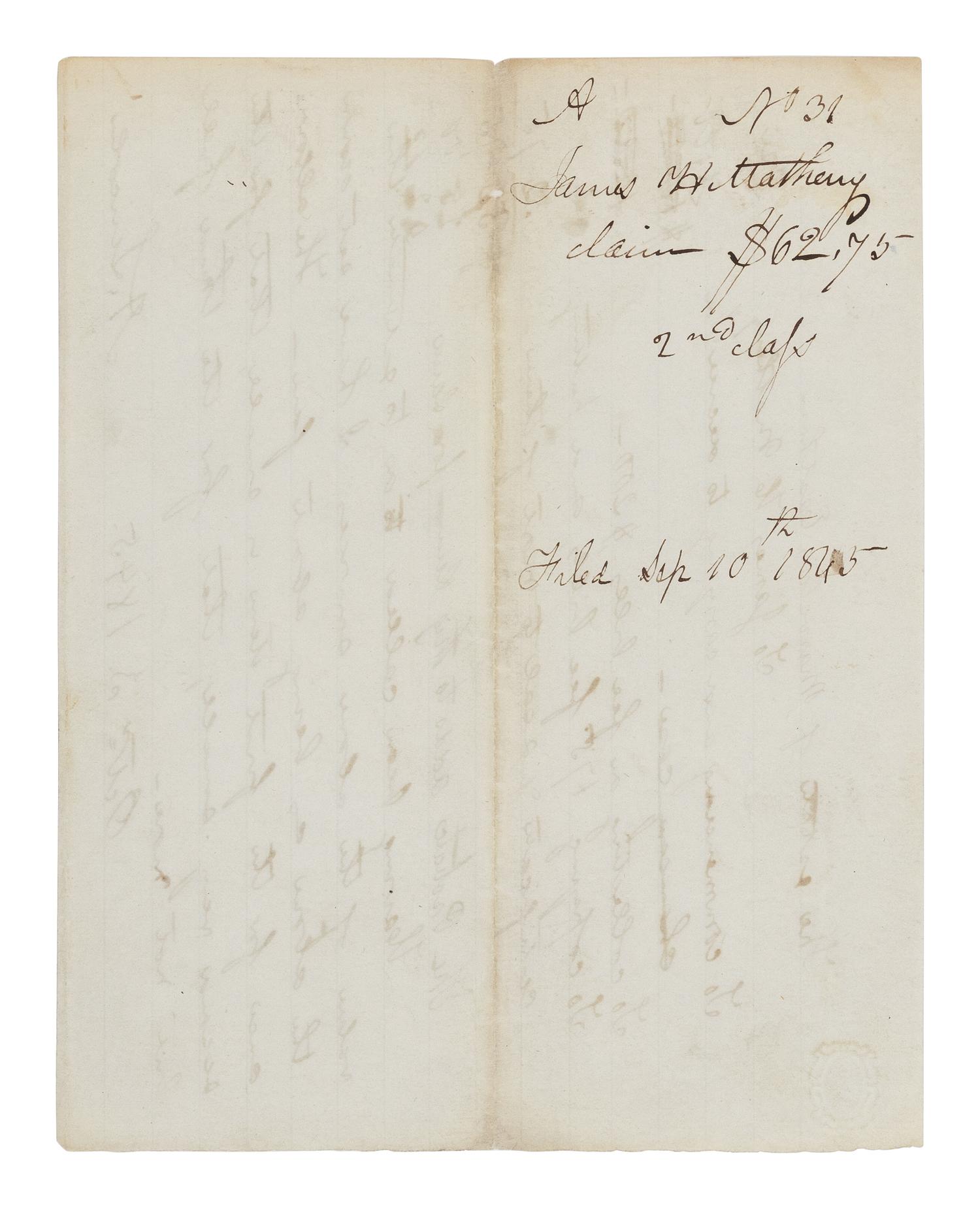 LINCOLN, Abraham (1809-1865). Autograph legal document signed ("A. Lincoln") to James H. Matheny. Springfield, Illinois, 3 October 1845.