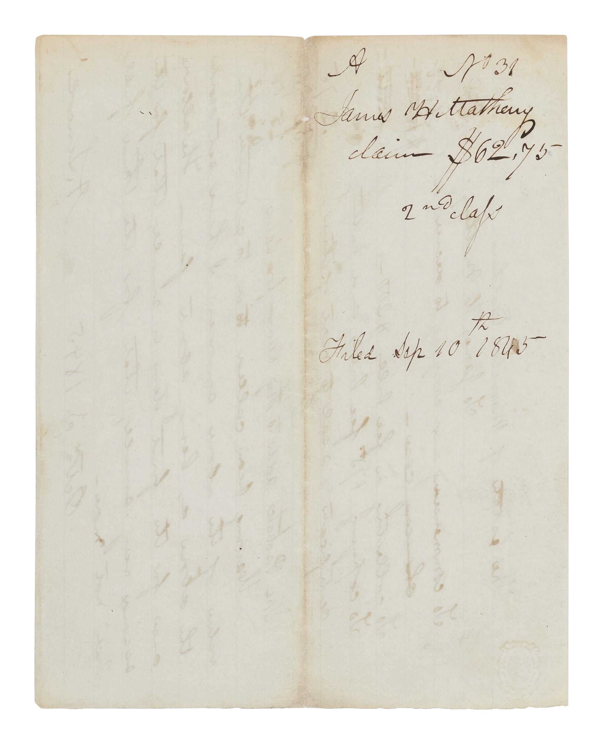 LINCOLN, Abraham (1809-1865). Autograph legal document signed ("A. Lincoln") to James H. Matheny. Springfield, Illinois, 3 October 1845.