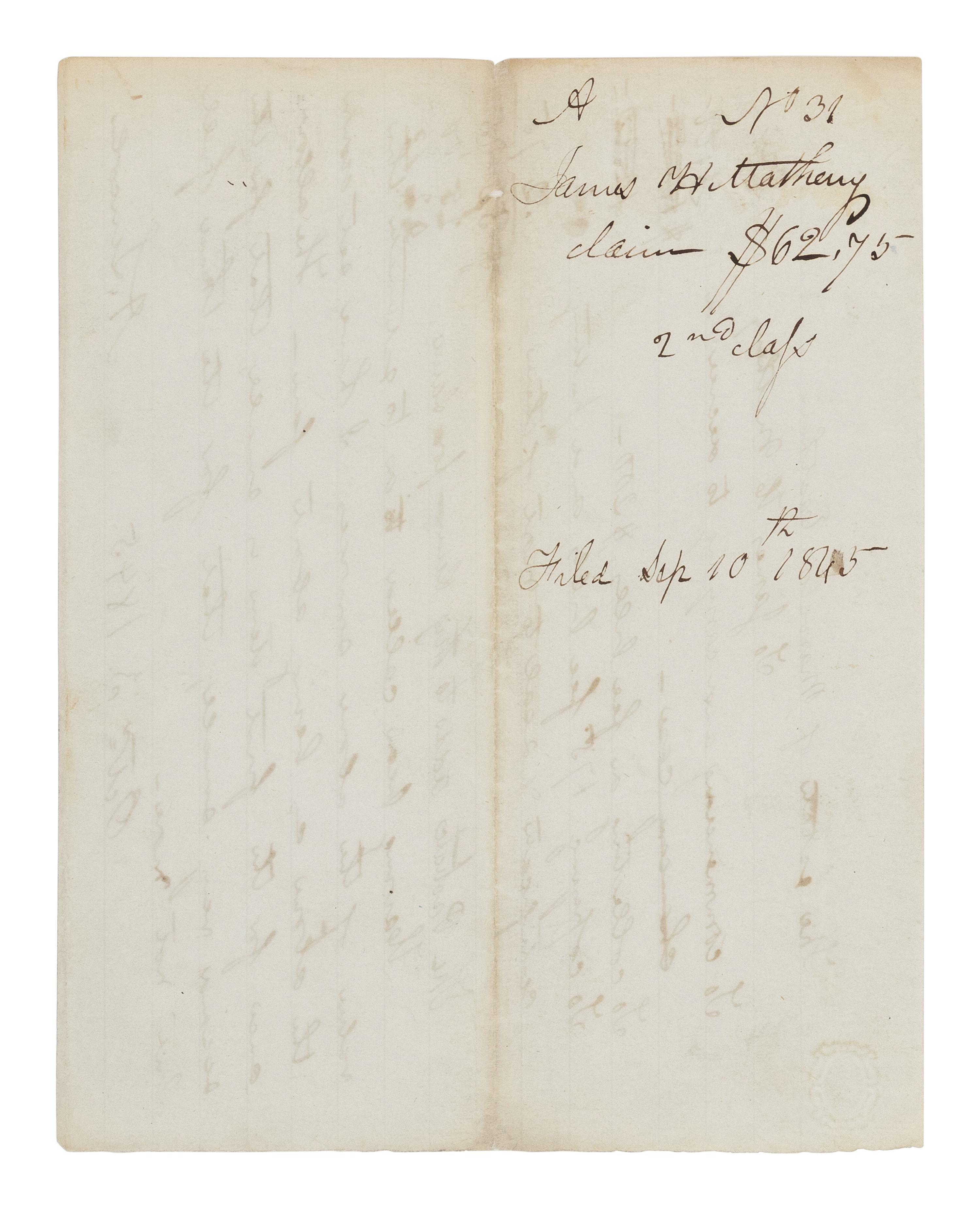 LINCOLN, Abraham (1809-1865). Autograph legal document signed ("A. Lincoln") to James H. Matheny. Springfield, Illinois, 3 October 1845.