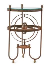 A Wrought Iron Glass-Top Side Table with a Gimbal Stretcher