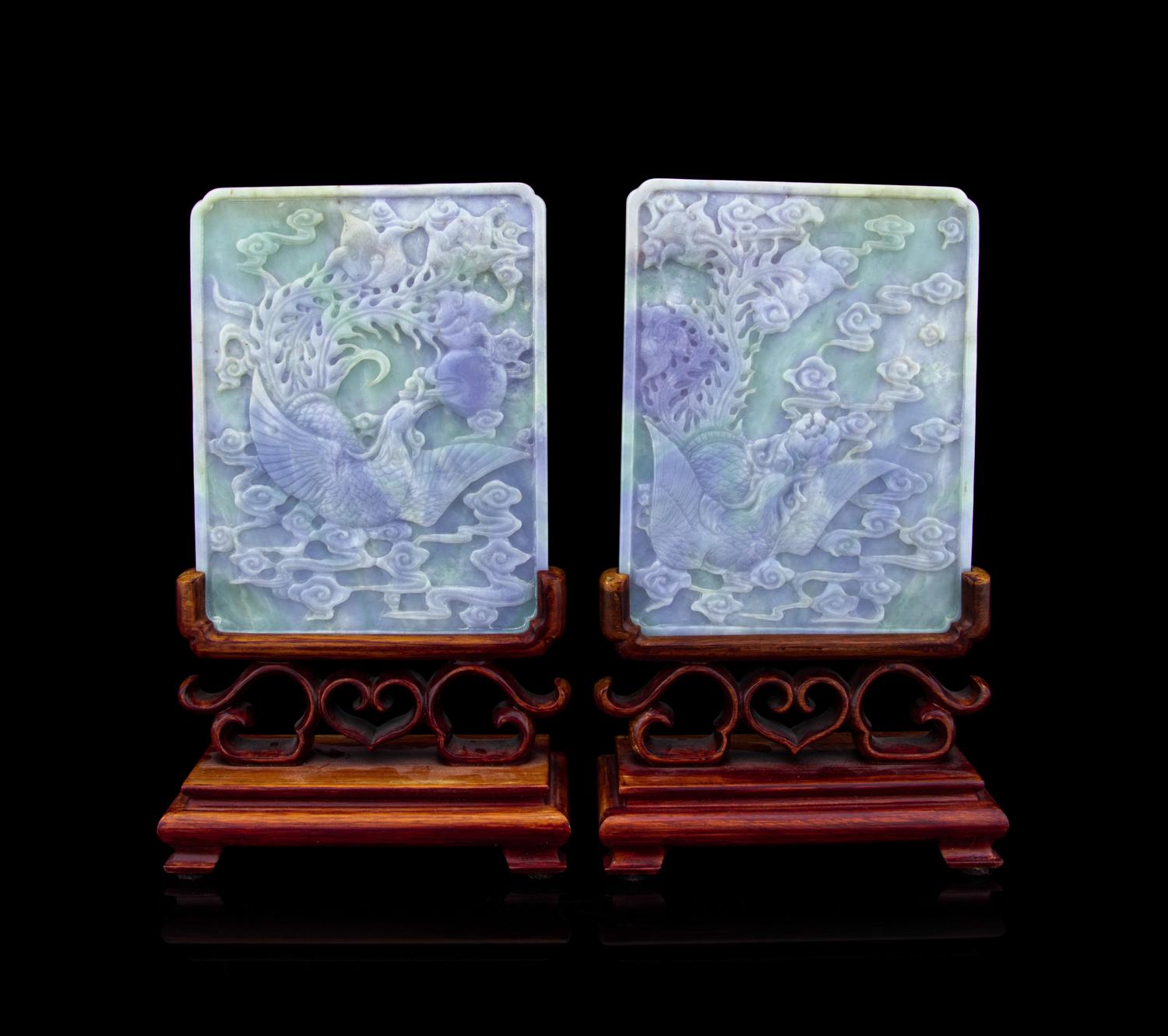 A Pair of Light Green and Lavendar Jadeite Table Screens