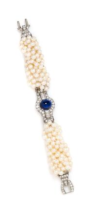 A Platinum, Cultured Pearl, Synthetic Sapphire and Diamond Torsade Bracelet, 29.30 dwts.