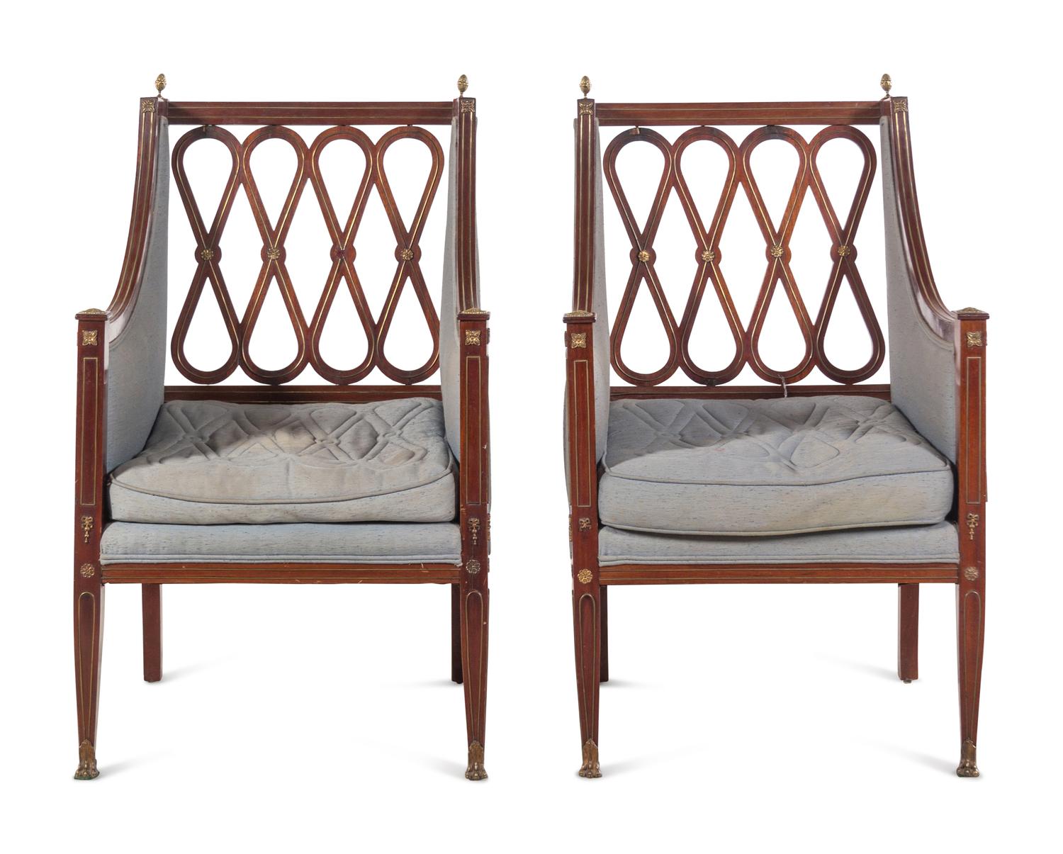 A Pair of Russian Neoclassical Brass Inlaid Mahogany Armchairs