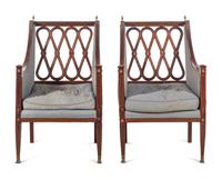 A Pair of Russian Neoclassical Brass Inlaid Mahogany Armchairs