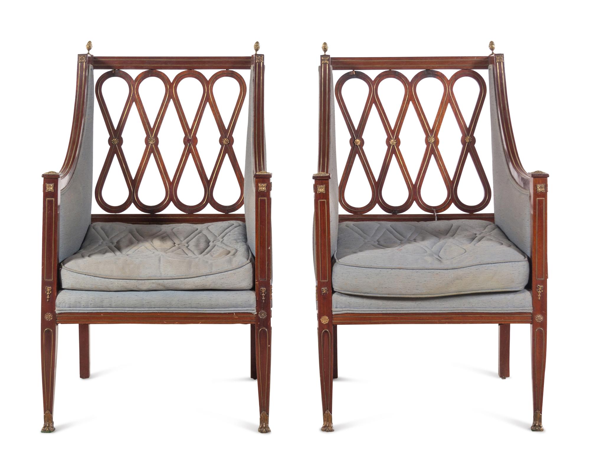 A Pair of Russian Neoclassical Brass Inlaid Mahogany Armchairs
