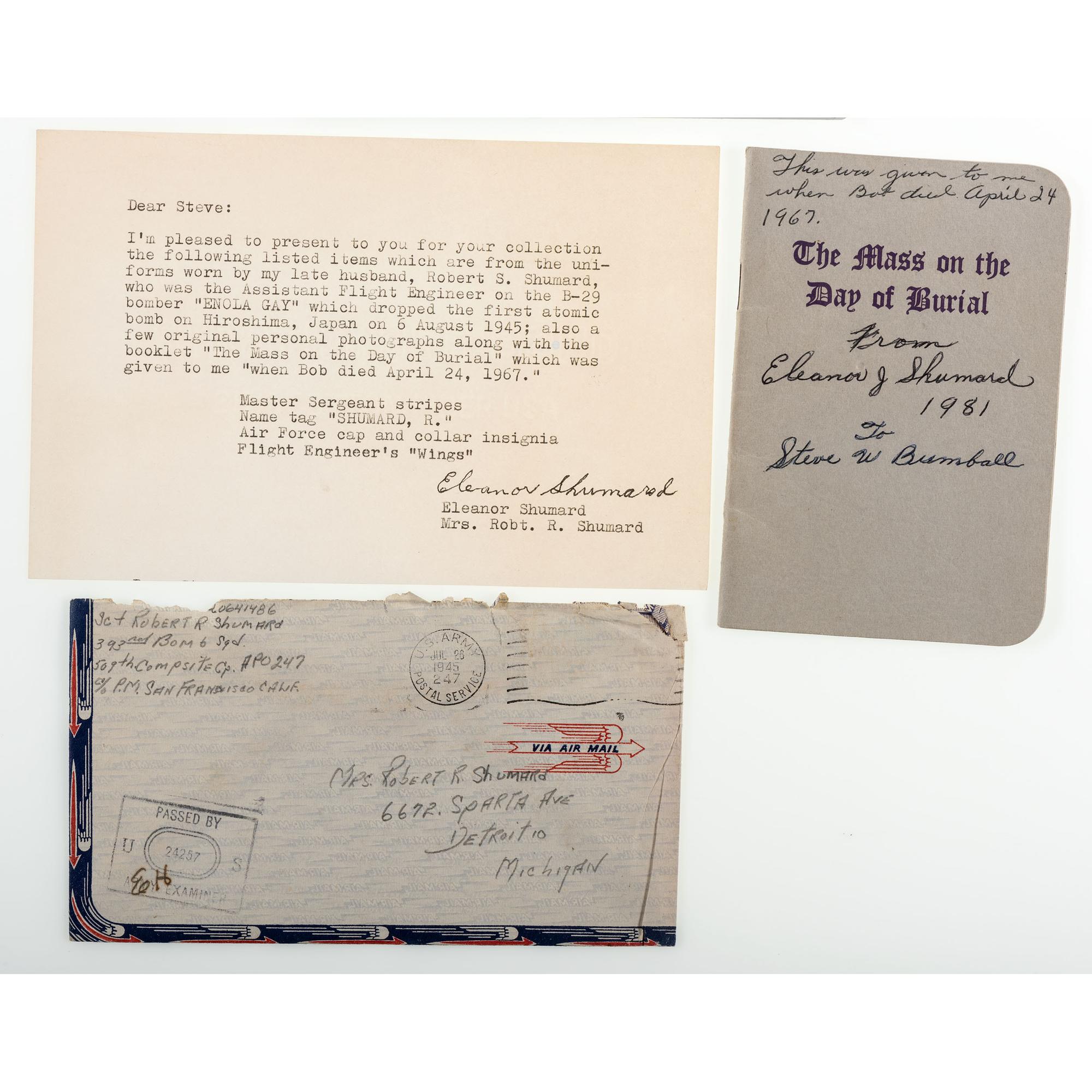 [WORLD WAR II]. SHUMARD, Sgt. Robert (1920-1967). Archive identified to Enola Gay Assistant Flight Engineer Robert Shumard, incl. photographs, autograph, and other personal ephemera.