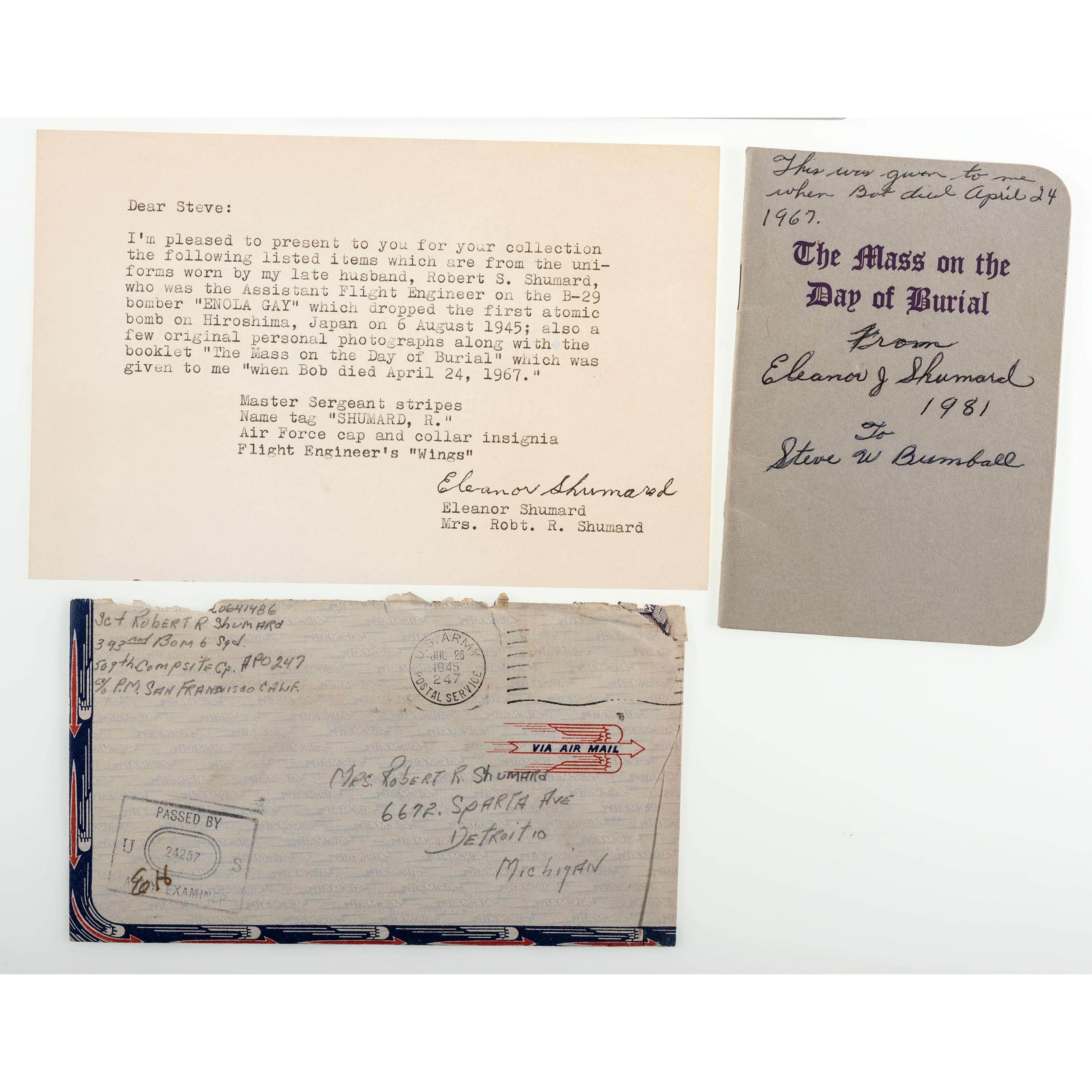 [WORLD WAR II]. SHUMARD, Sgt. Robert (1920-1967). Archive identified to Enola Gay Assistant Flight Engineer Robert Shumard, incl. photographs, autograph, and other personal ephemera.