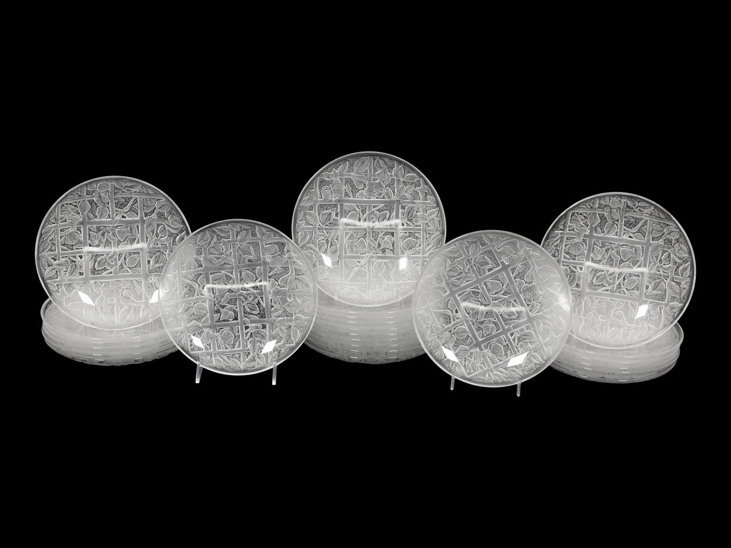 Twenty-Four Molded and Frosted Trellis Pattern Dessert Plates