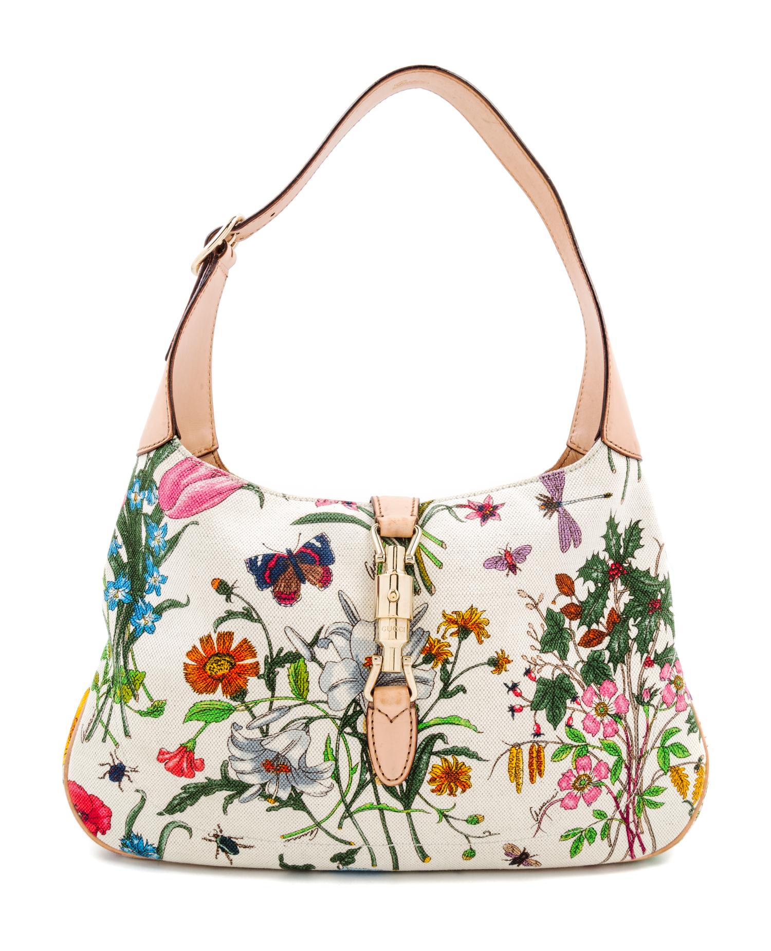 A Gucci Floral Canvas Handbag, 12" x 8" x 1.5"; Strap drop: 9".