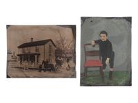 [EARLY PHOTOGRAPHY]. 8 photographs, incl. whole plate tintype of horse-drawn buggy near large home.