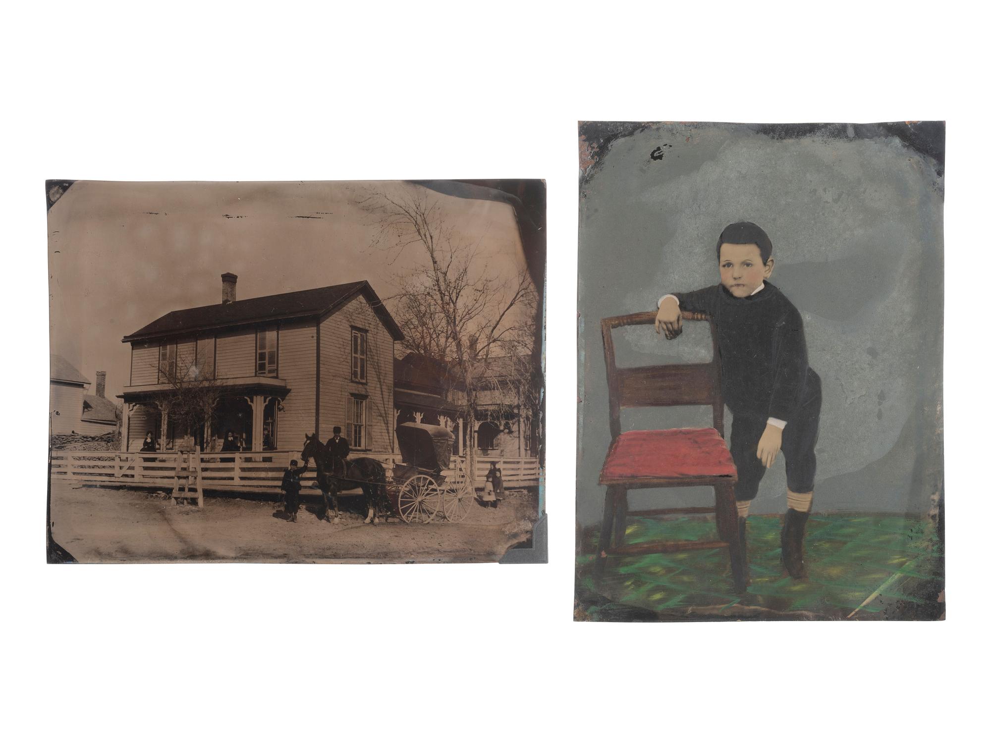 [EARLY PHOTOGRAPHY]. 8 photographs, incl. whole plate tintype of horse-drawn buggy near large home.