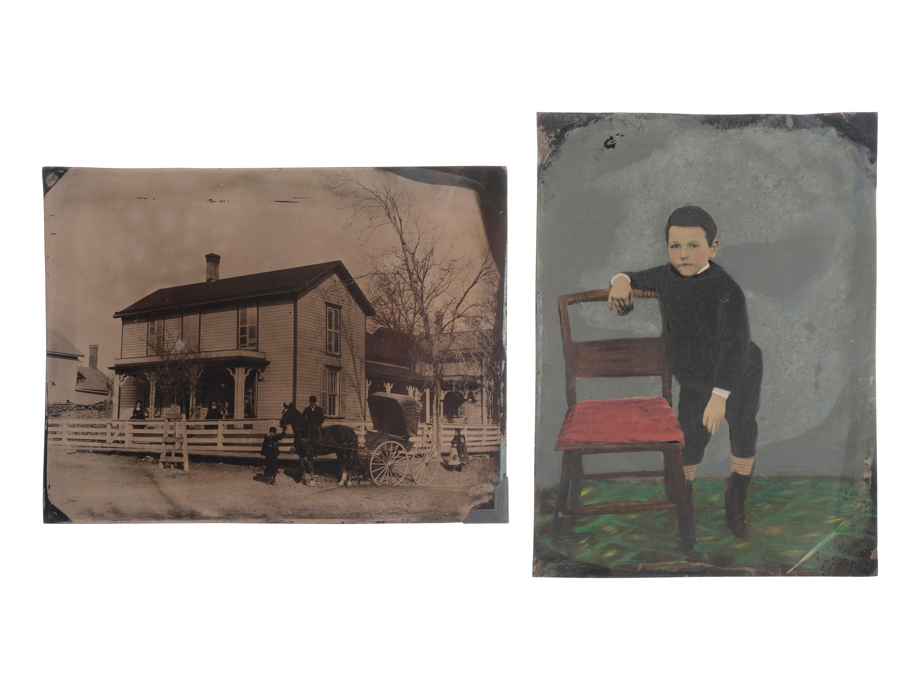 [EARLY PHOTOGRAPHY]. 8 photographs, incl. whole plate tintype of horse-drawn buggy near large home.