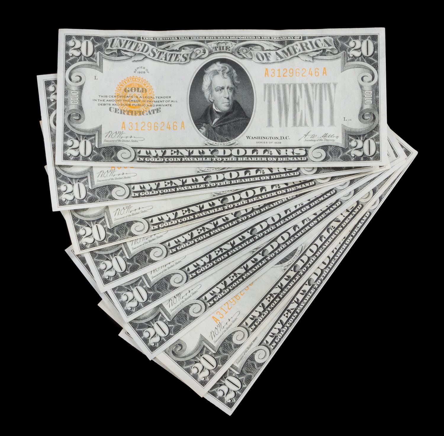 A Group of Eight United States 1928 $20 Gold Certificates