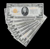A Group of Eight United States 1928 $20 Gold Certificates