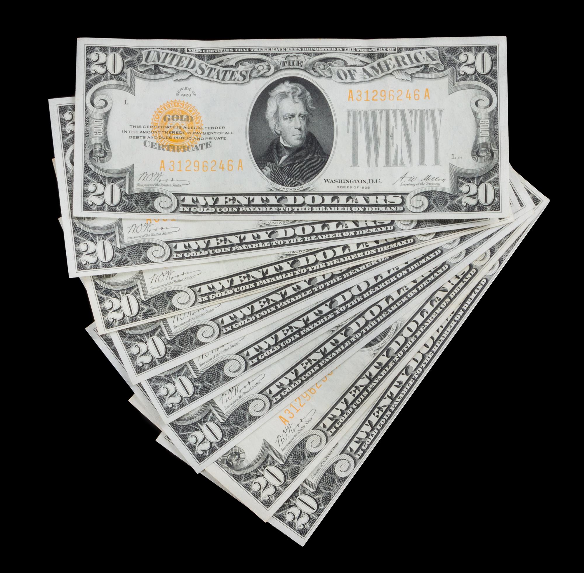 A Group of Eight United States 1928 $20 Gold Certificates