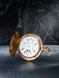 B. HAAS, 18K YELLOW GOLD PERPETUAL CALENDAR, MOON PHASE, MINUTE REPEATER HUNTER CASE POCKET WATCH
