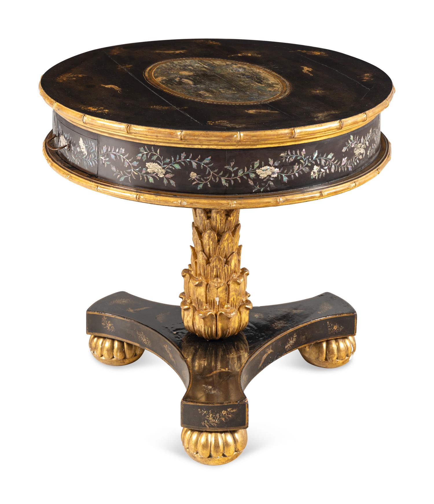 A Japanese Export Mother-of-Pearl and Abalone Inlaid Black Lacquer and Parcel Gilt Center Table