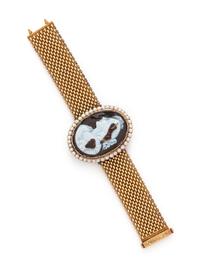 VICTORIAN, YELLOW GOLD, AGATE CAMEO AND PEARL BRACELET