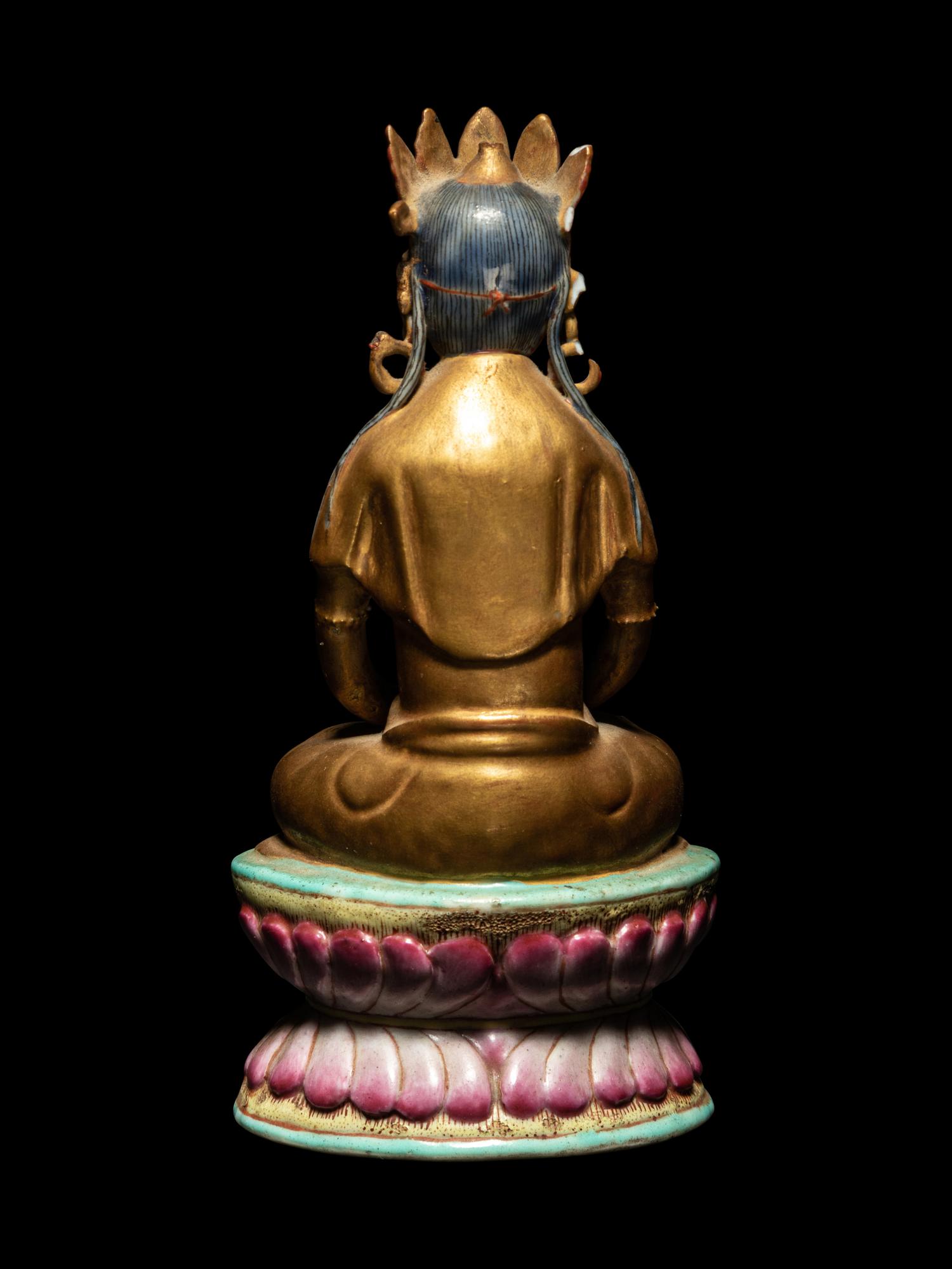 A Chinese Gilt Decorated Famille Rose Porcelain Figure of Amitayus Buddha